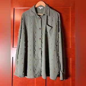 Women’s Olive Green Textured Long Sleeve Button Down Blouse Size XXXL